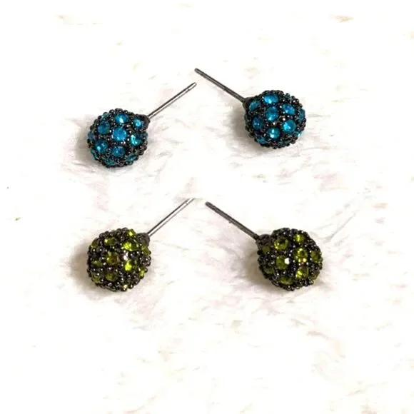 Vintage Sparkly Rhinestone Stud Earrings (2) Pair Green and Teal - Picture 4 of 6